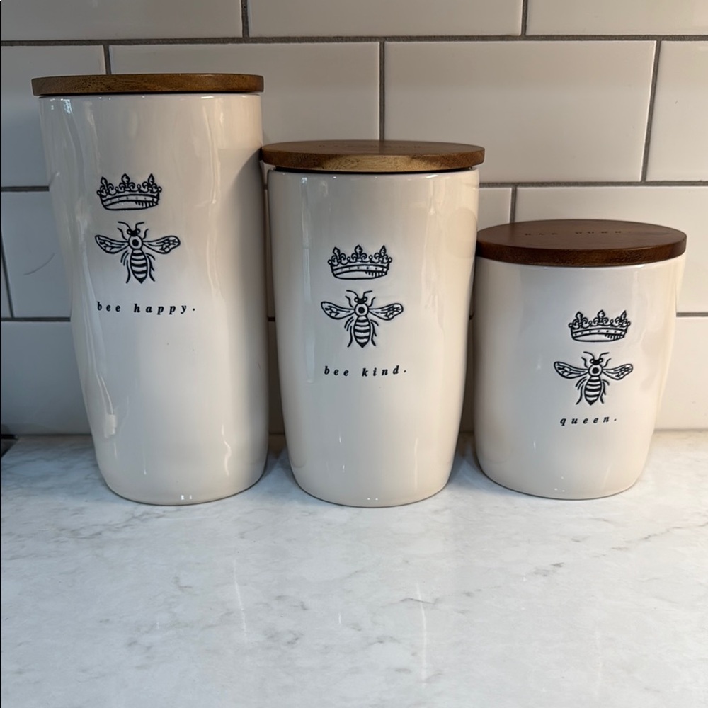 Rae Dunn Cream Ceramic Canister Set with bee & crowns